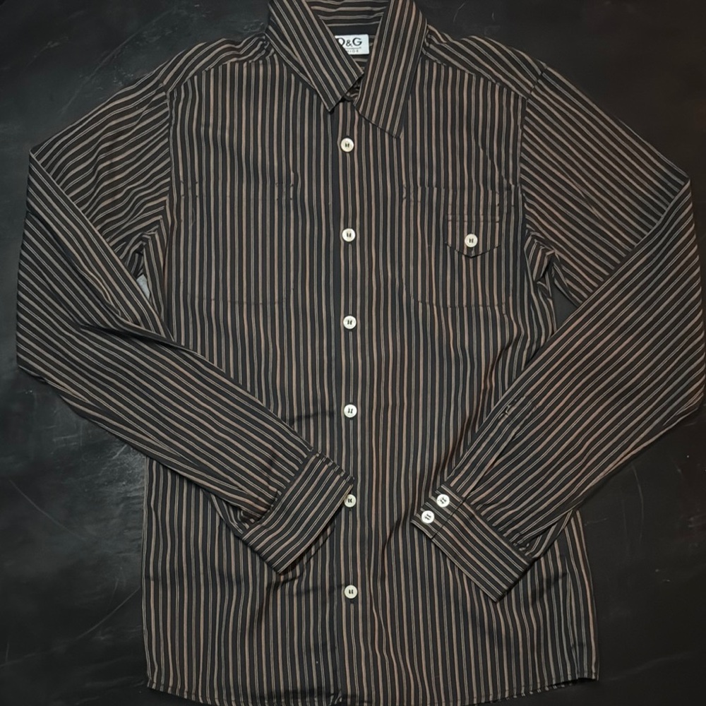 D&G Junior Black and Brown Striped Button Down Shirt size L